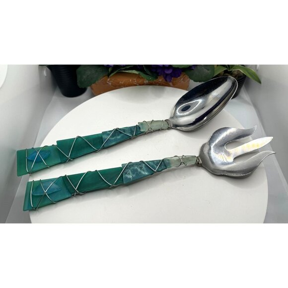 Handcrafted Stainless Steel Salad Server Set With Unique Glass Wrapped Handles - Picture 4 of 13